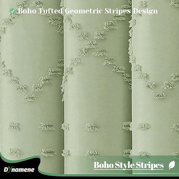 Extra Long Boho Shower Curtain Tufted Geometric 72"x90" Sage Green | 90 Inch Tall, Elegant Tassel, Lightweight Textured Fabric, Water Repellent, Washable, Hotel Spa, for Bathroom/Dorm 12 Hooks