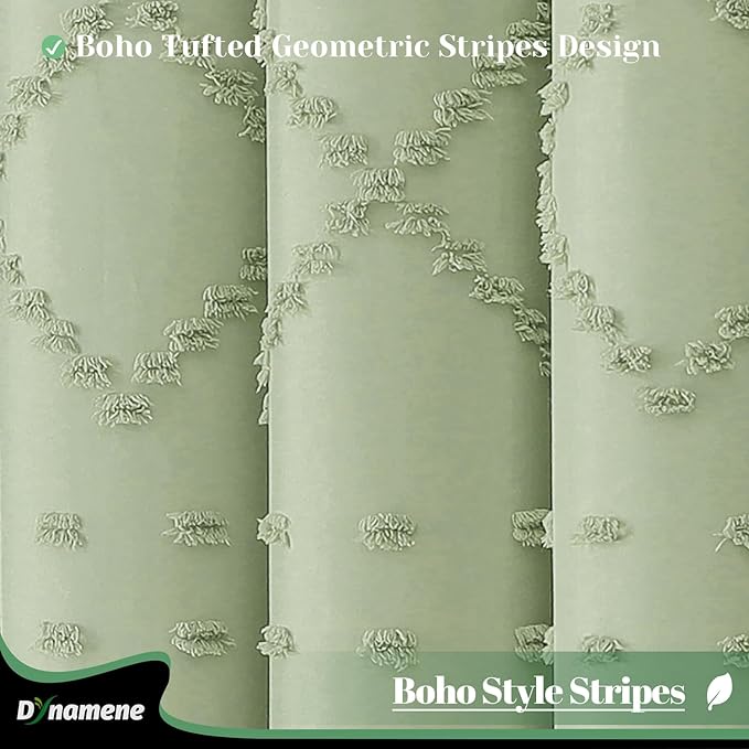 Long Boho Shower Curtain Tufted Geometric 72"x78" Sage Green | 78 Inch Tall, Elegant Tassel, Lightweight Textured Fabric, Water Repellent, Washable, Hotel Spa, for Bathroom/Dorm 12 Hooks