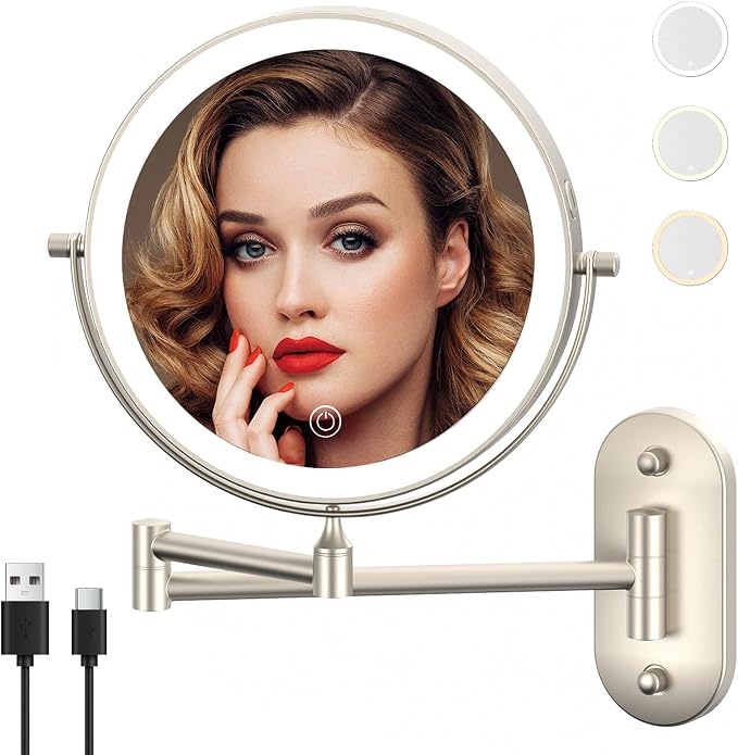 8" Wall Mounted Makeup Mirror,Oval Base, 10X, Brushed Nickel | Rechargeable Lighted Makeup Vanity Mirror,Double Sided Dimmable,Magnifying,3 Color Lighting,360 Rotation Shaving,Women Gift