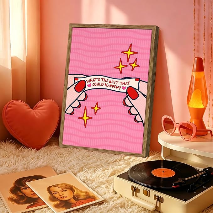 What's the Best That Could Happen Wall Art Positive Quote Poster Canvas Print Pink Preppy Dorm Room Decor Inspirational Fortune Cookie Wall Decor for Bedroom Office 12x16 inch Wood Framed