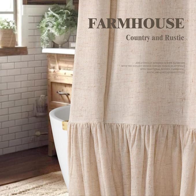 Farmhouse Shower Curtain Ruffle Linen Beige 72" W x 96" L | Linen Fabric, Farmhouse Boho, Bottom Ruffle, Rustic, Country, Natural Look, Washable, Shower Curtain for Bathroom Bathtub