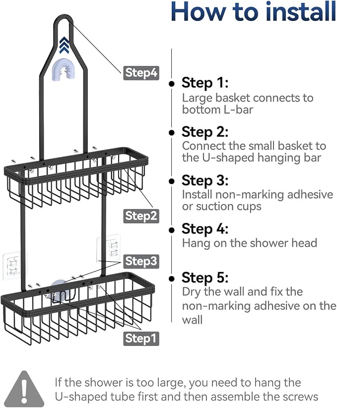 Never Rust Shower Caddy Hanging, Aluminum Shower Racks for Inside Shower, 2-Tier Shower Organizer Hanging Over Shower Head with Hooks and Soap Holder, Black
