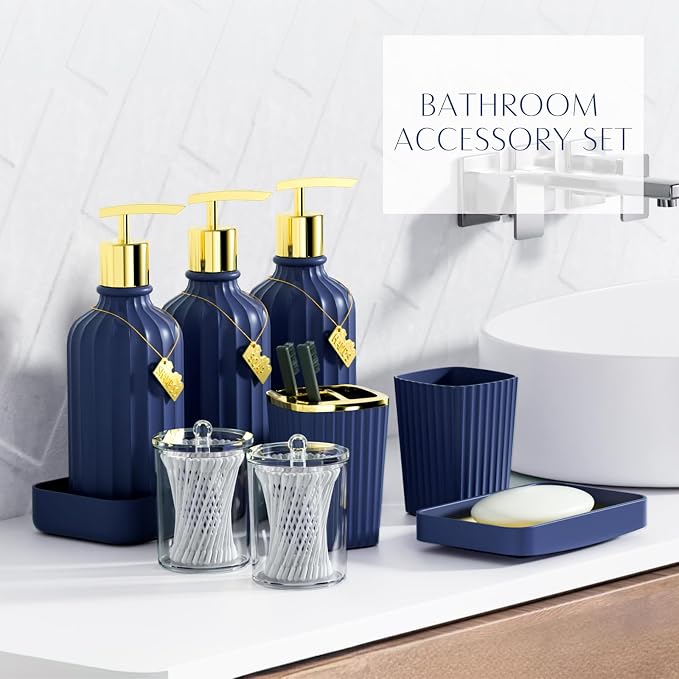 32PCS Bathroom Accessory Set Bathroom Accessories Set Navy Blue Bathroom Set, Shower Curtain Set, 2 Piece Bath Towel Set, 3PC Soap Dispenser, Toilet Brush & Trash Can