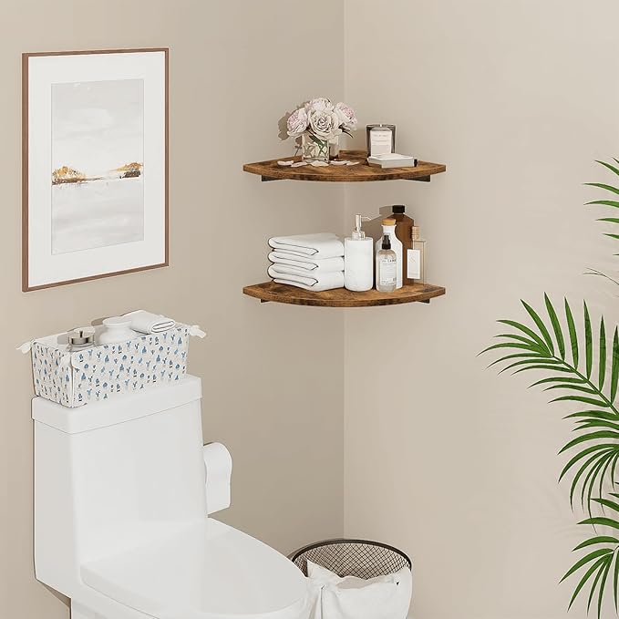 Corner Shelf Wall Mount, 12 Inch Wood Floating Corner Shelves with Cord Hole, Set of 2 Large Corner Hanging Shelves for Bathroom Bedroom Kitchen, Rustic Brown