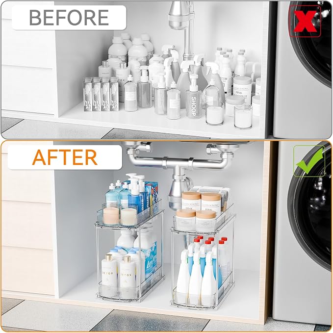2 Pack 13.8″ Deep 2 Tier Under Sink Storage Organizer,Large Pull Out Bathroom Organizers and Storage,Slide Out Acrylic Undersink Storage Shelf,Kitchen Under Sink Organizer for Cleaning Products