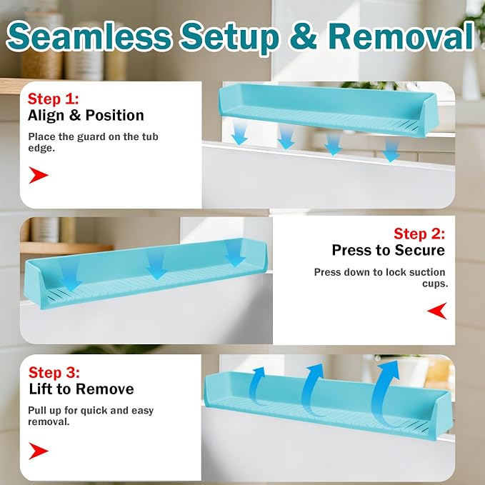 Bathtub Splash Guard for Tub Kids- Silicone Bath Play Shelf | 31" Extra Long Toy Tray & Caddy Holder, Prevent Water Spills & Messy Floors, Tub Edge Guard for Bathroom- Blue