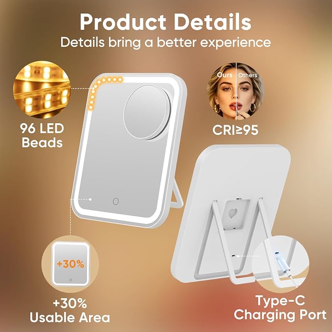 FUNTOUCH 5000mAh Large Lighted Vanity Makeup Mirror with 40X Magnifier | 96 LED Lights Rechargeable 12.1"x 10.2"Large Size,3 Lighting Modes,Adjust Brightness & 360°Rotation,Women's Gift,for Bedroom