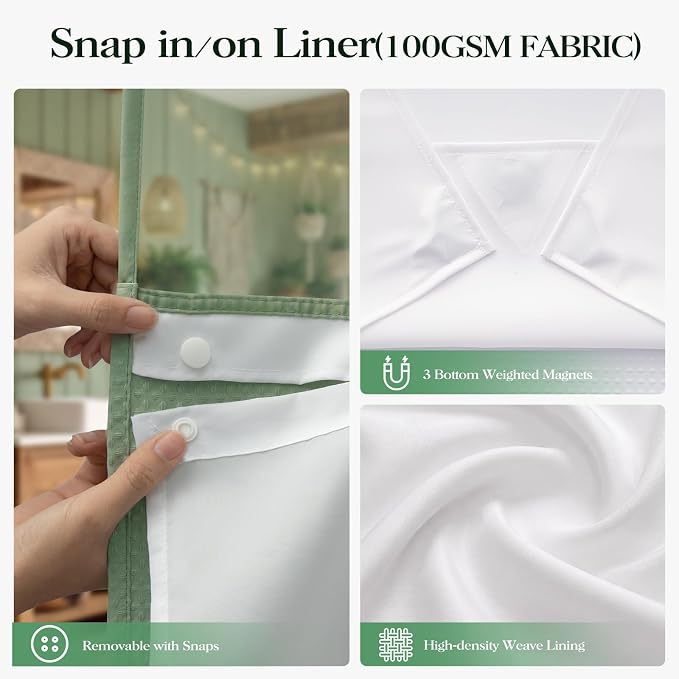 Sage Green Hook Free Waffle Shower Curtain & Snap-in Liner,72x87 | Less Time to install, 3 in 1 Fabric Shower Curtain and Liner Set with Magnets, Extra Long, Shower Curtains for Bathroom