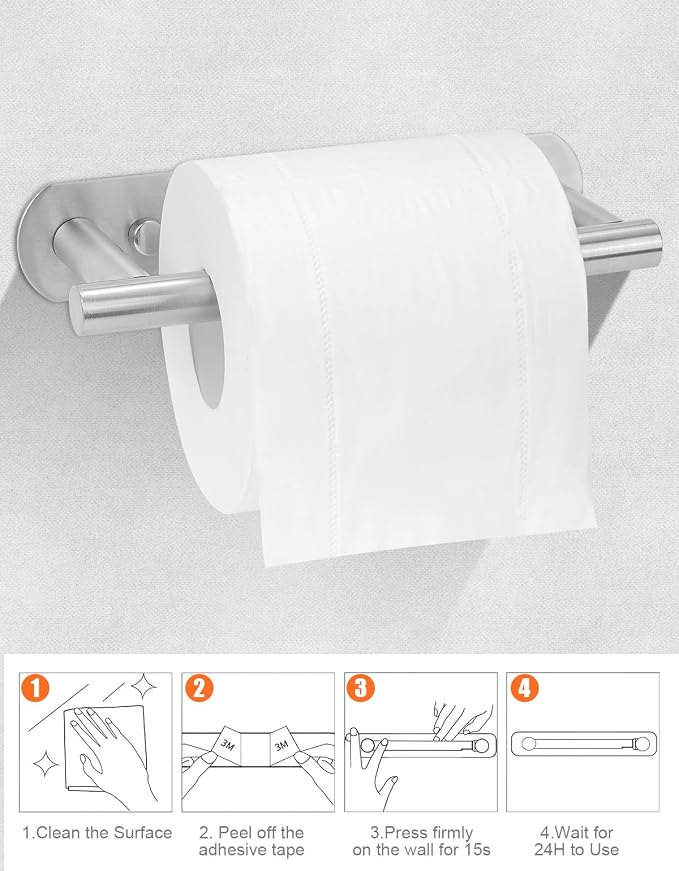 YUET Toilet Roll Holder, Self Adhesive or Screw In Wall Mounted Options, Double Post Pivoting Tissue Roll Holder, Stainless Steel Rustproof Stick On No Drilling Wall Mount for Bathroom, Brushed Nickel