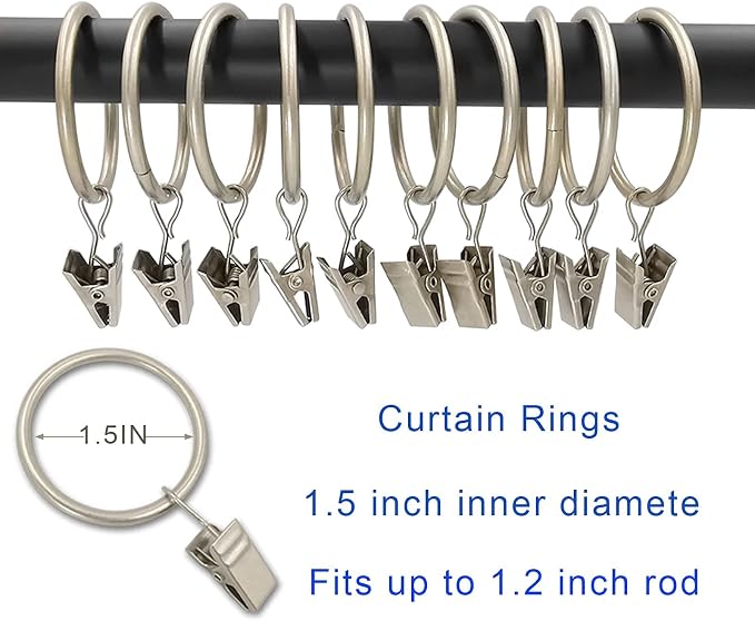 LLPJS 60 Pack Metal Curtain Rings with Clips, Curtain Clip Rings Hooks for Hanging Drapery Drapes Bows, Curtain Rod Rings 1.5 inch Interior Diameter, Matte Silver
