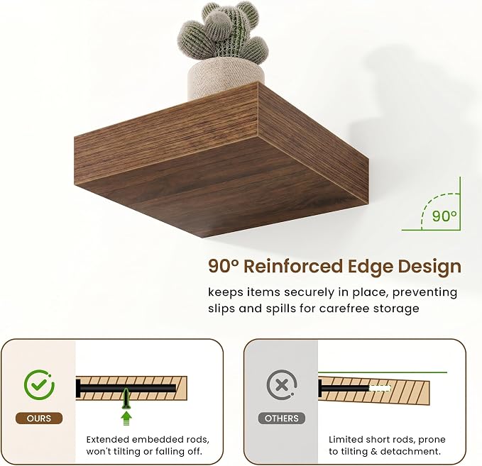 Marsmiles 8in Depth Floating Shelves, 8x8x1.4, Walnut, Set of 3 | Small Wall Mounted Square Shelves, Engineered Wood, Invisible Brackets, Living Room, Bedroom, Bathroom, Kitchen Decor