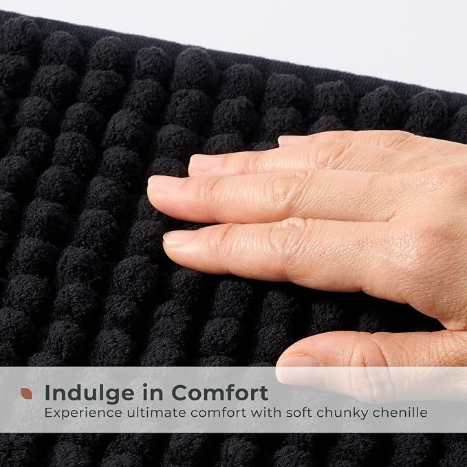 FRESHMINT Thick Chunky Chenille Bathroom Rug, Black, 17"x24" | Non-Slip Backing, Water Absorbent Surface, Machine Washable Care, Cushioned Comfort, Bathroom Floor Use