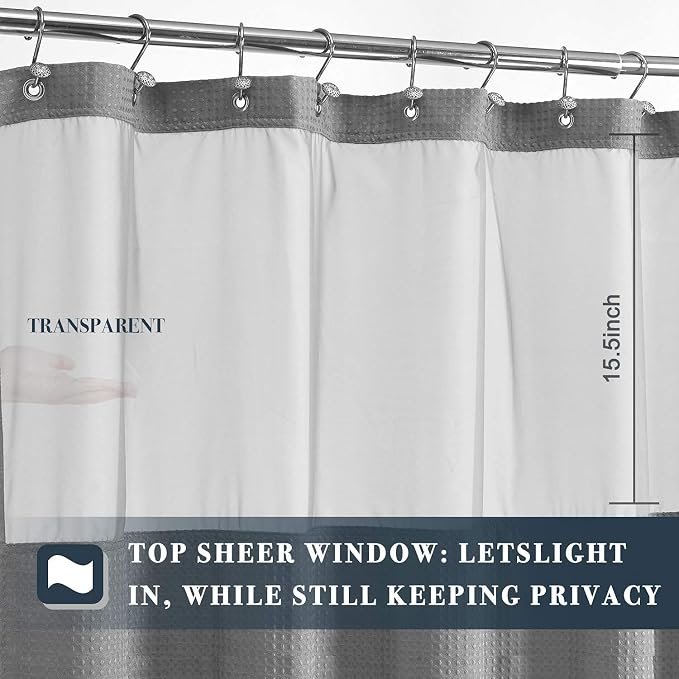 N&Y HOME Extra Long Waffle Shower Curtain with Snap-in Liner Gray, 71x84 | 12 Hooks & Snap on Fabric Liner, Washable, Mesh Window, Hotel Style, 84 inches Length Grey Shower Curtain Set for Bathroom