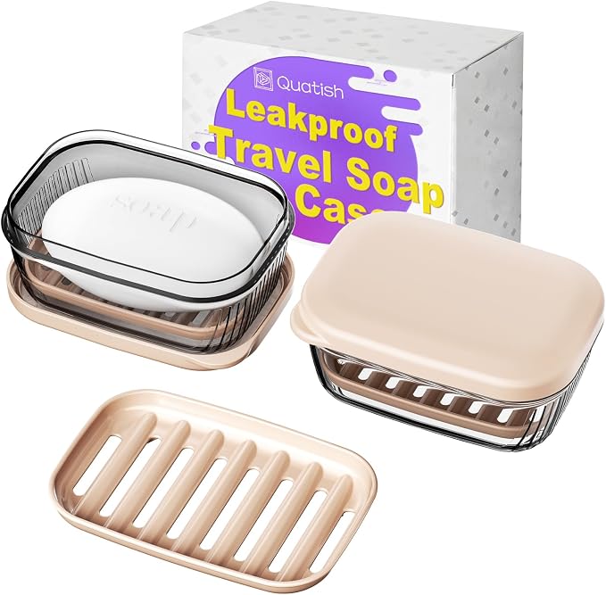 Quatish Bar Soap Holder Dish, Leakproof Travel Soap Case for Shower, Portable Travel Size Toiletries Camping Essentials for Gym, Dorm, Bathroom, Khaki