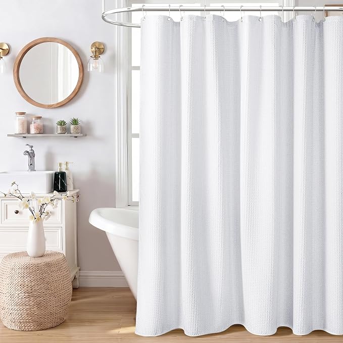 Stall Waffle Shower Curtain 256 GSM Heavy Fabric 60x72 White | 60 Inch Wide, Thick Polyester Cloth, Weighted Hem, Water Repellent, Washable Hotel Shower Curtain Set for Bathroom 10 Hooks