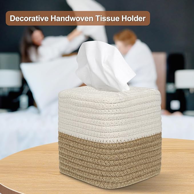 Boho Tissue Box Cover: Natural Handwoven Square Cover for Bathroom | Open-Bottom Design with Tassel, For Kitchen, Tabletops, Home & Office, Farmhouse Decor