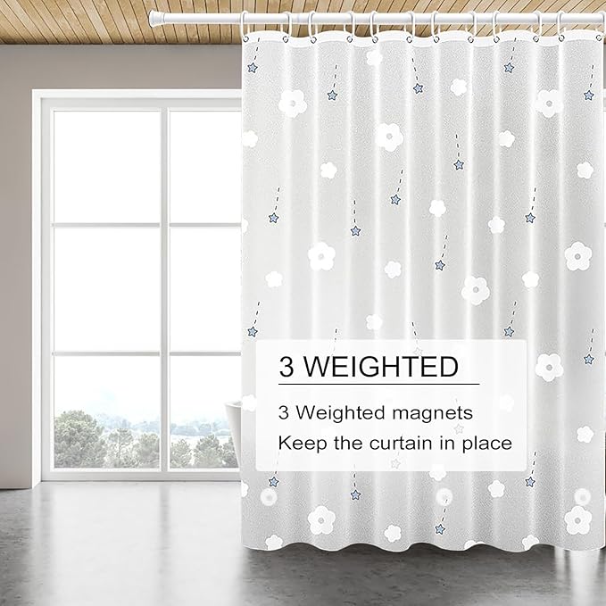 TIKABC Shower Curtain Liner, 4G PEVA Shower Liner, Plastic Waterproof Shower Curtains, 72x72 inch with Grommet Holes 3 Magnetic Weights