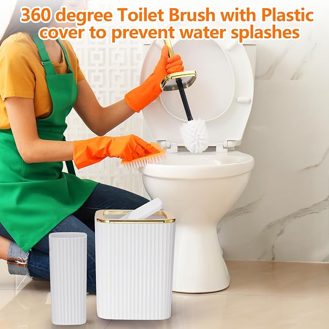 9 PCS White Bathroom Accessories Set with Trash Can Bathroom Accessory | All-in-One Kit with Trash Can,Toothbrush Holder,Soap Dispenser,Toothbrush Cup,Vanity Tray,Soap Dish,Toilet Brush etc for Home