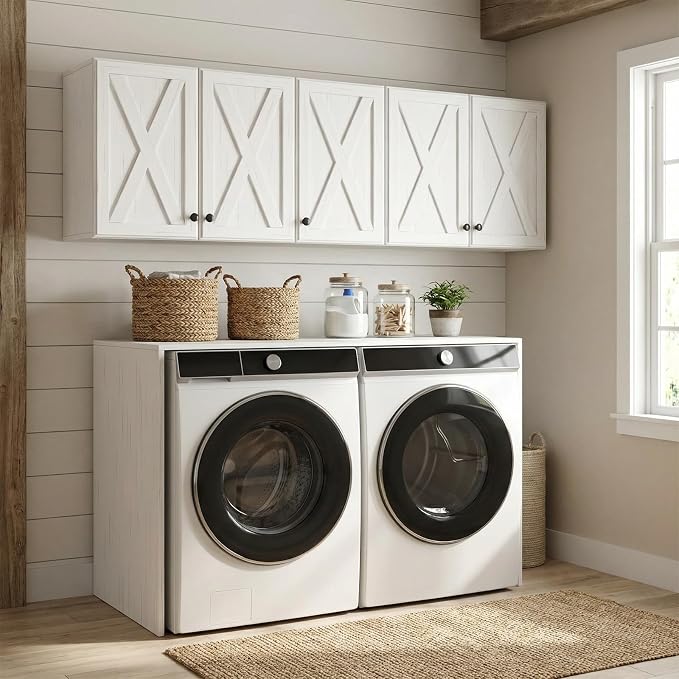 59"W Laundry Room Wall Cabinet, 5 Doors Farmhouse Wall Cabinet with Adjustable Shelf, Wall Mount Storage Cabinet, Farmhouse Medicine Cabinet, Floating Cabinet for Bathroom, Kitchen, Off White