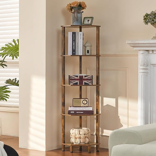 YUFAM 5-Tier Corner Shelf, Brown | Wooden Corner Bookshelf for Small Spaces, Corner Standing Shelf with Sturdy 5-Leg Base