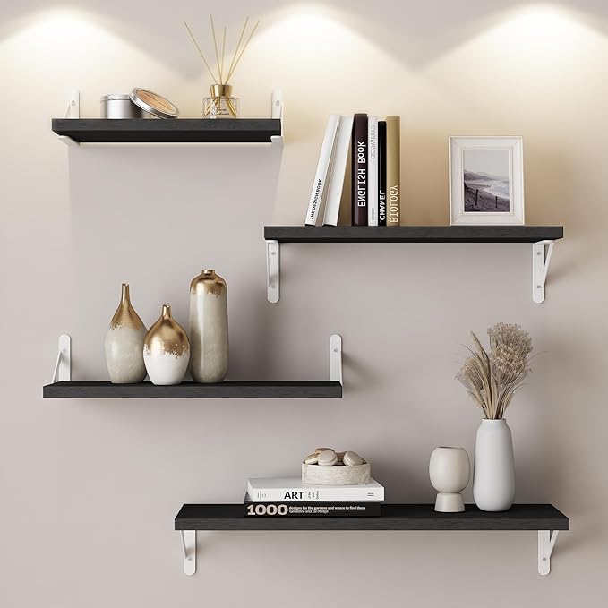 YGEOMER 4 Different Sizes Floating Shelves for Wall Decor, Black and White | Rustic wood shelves in mixed sizes for flexible combined storage. Fits bathroom, kitchen, living room, bedroom and office.