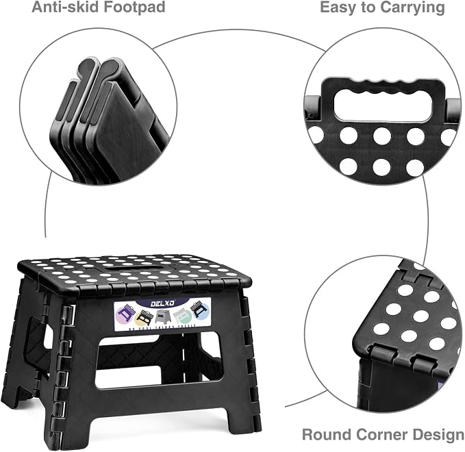 Delxo 9 Inch Kids Step Stool,300 Lbs Folding Step Stool for Toddler Black | Foldable Step Stool,Non-Slip Foot Stools with Handle, Lightweight Collapsible Stool for Kitchen,Bathroom,Bedroom,Garden