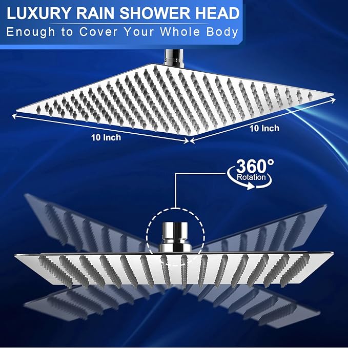 Rain Shower Head - 10 Inch High Pressure Shower Heads 304 Stainless Steel Ultra Thin Square Showerhead Pressure Boosting Design, Ceiling or Wall Mount
