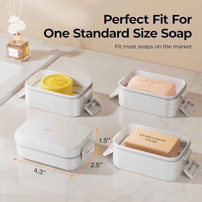 MOPMS Travel Soap Case, Leakproof with Clasps & Silicone Seal for Traveling | Soap Holder Travel Case with Drain Tray for Gym, Bathroom, Portable Travel Soap Container Fits Most Soaps, Durable PC, White