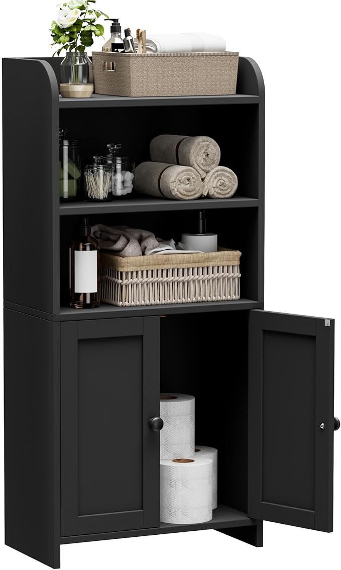 Homhedy Small Bathroom Storage Cabinet, Toilet Paper Storage Cabinet | Bathroom Floor Cabinet with Doors and Shelves, Bathroom Organizers for Small Spaces, 7.9" D x 14.6" W x 31" H, Black