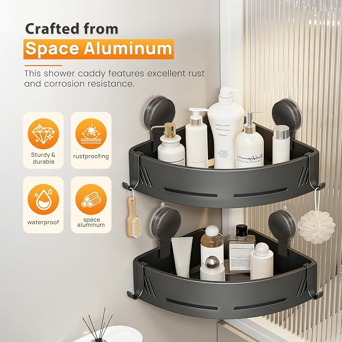 Triangular Corner Shower Caddy 2-Pack with Suction Cups and Hooks | Gun grey aluminum shower shelves for smooth corner walls; no drilling, suction cup mounting and built-in hooks