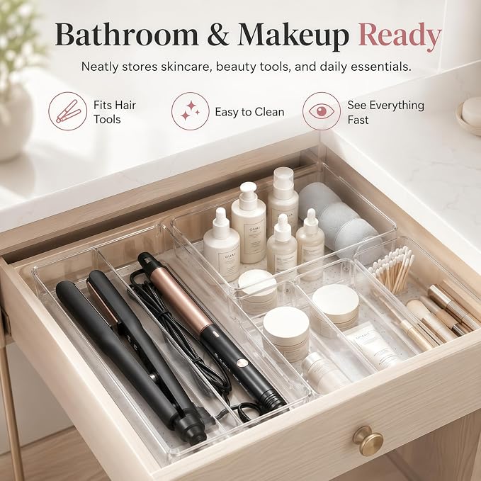 8 Pack Large Clear Plastic Drawer Organizer Bins - Acrylic Bathroom Drawer Organizer Trays - Heavy Duty Kitchen Drawer Dividers for Utensils - Non-Slip Storage Bins for Makeup, Bedroom, Office Desk