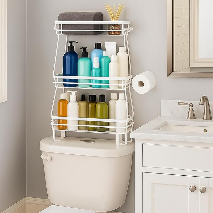ShellKingdom Over The Toilet Storage Shelf, 3 Tier Toilet Paper Holder Rack | Punch-Free Bathroom Storage Rack with 2 Hooks, Small Space Organizers for Bathroom, Home, White