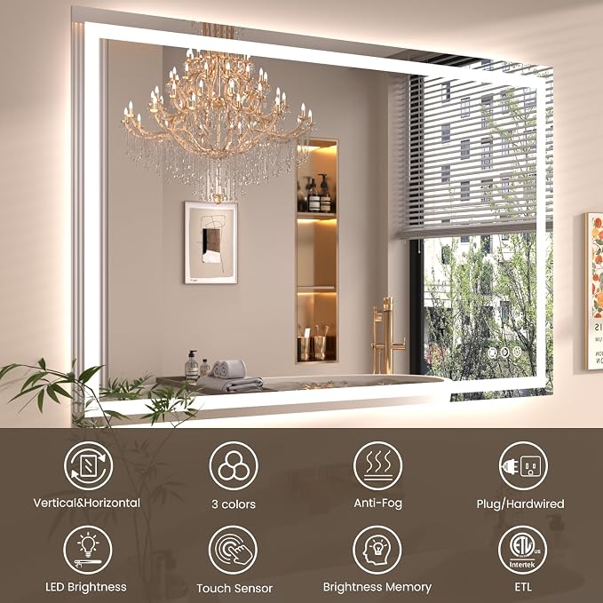 Snowdool 40 x 36 in LED Bathroom Mirror, Front and Backlit, Anti-Fog | Front and Backlit, 3 Color Temperatures, Anti-Fog, Tempered Glass