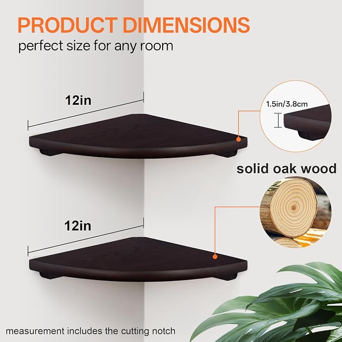Gieanoo Floating Corner Shelves Set 2 12inch Walnut Solid Oak Rounded Corner Shelves Wall Mounted with Cable Hole Wood Corner Hanging Shelves for Living Room Bedroom Bathroom Kitchen