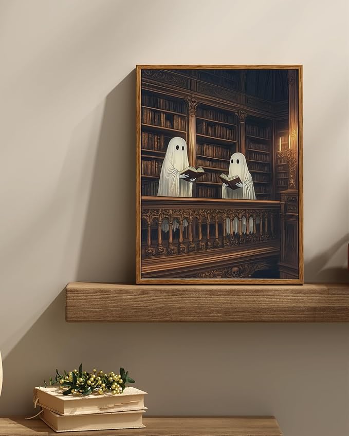 InSimSea Framed Canvas Prints Art Vintage Decor, Cute Reading Ghosts Library Painting, Moody Spooky Dark Academia Wall Art for Bathroom, Halloween Witchy Room Wall Cottagecore Decor, 12x16inch