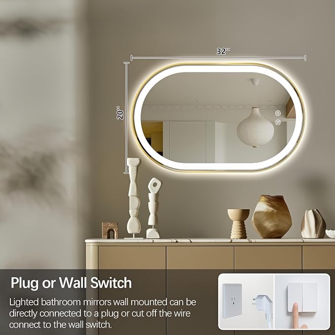Oval LED Bathroom Mirror, Backlit + Front Lit Mirror Old Gold Frame | 3 Color Dimmable, Anti-Fog, 32"x20", Memory Function, Shatter-Proof, HD Glass, Pill-Shaped Mirror, Vertical or Horizontal