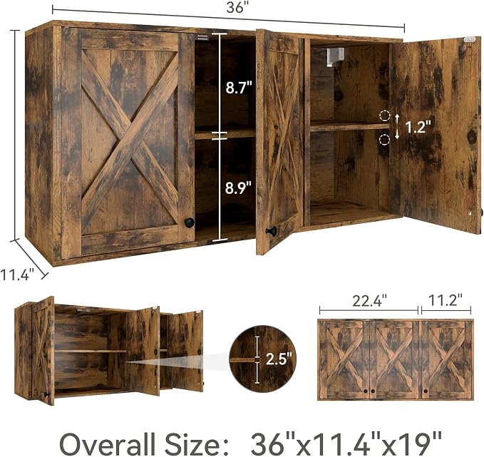 YOURLITE Laundry Cabinet, Medicine Cabinet, Bathroom Kitchen Storage Wall Mounted Farmhouse Organizer with Shelves Over Toilet, 36" Wide, Rustic