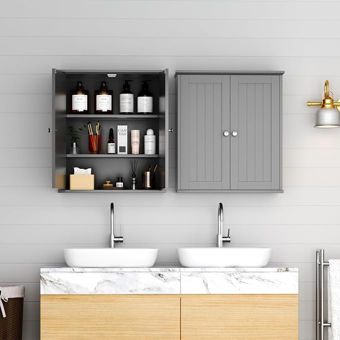 Shintenchi Bathroom Wall Medicine Cabinet, Storage Organizer, 2 Pcs, Gray | Bathroom Storage Organizer Cupboard, with 2 Magnet Door and 3-Tier Shelves, Space Saving, Easy to Assemble & Clean