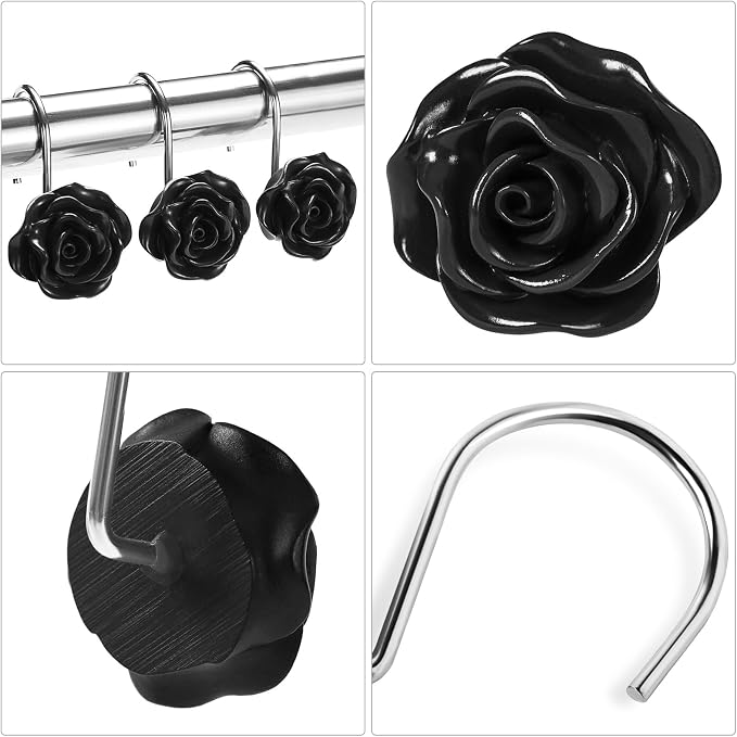 Cute Rose Floral Shower Curtain Hooks Rings for Bathroom,Black 12PCS | Metal Rustproof Curtain Hooks Shower Rings,Girls Decorative Flower Bathroom Decor,for Bathroom Shower Rods
