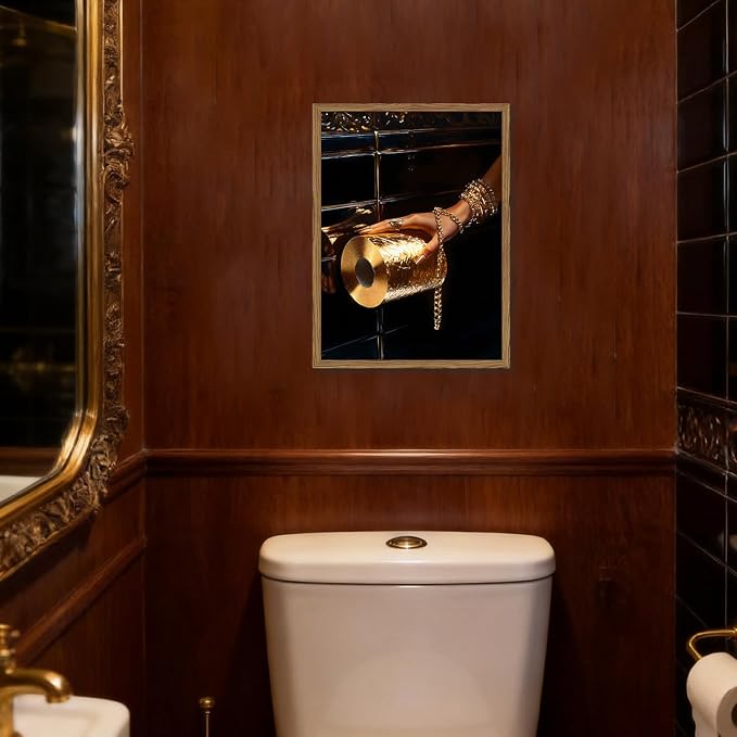 Black Woman Bathroom Wall Art Trendy Black Girl Gold Toilet Paper Wall Decor Picture Vintage Black and Gold Bathroom Poster Canvas Painting Prints 24x16 inch Wood Framed