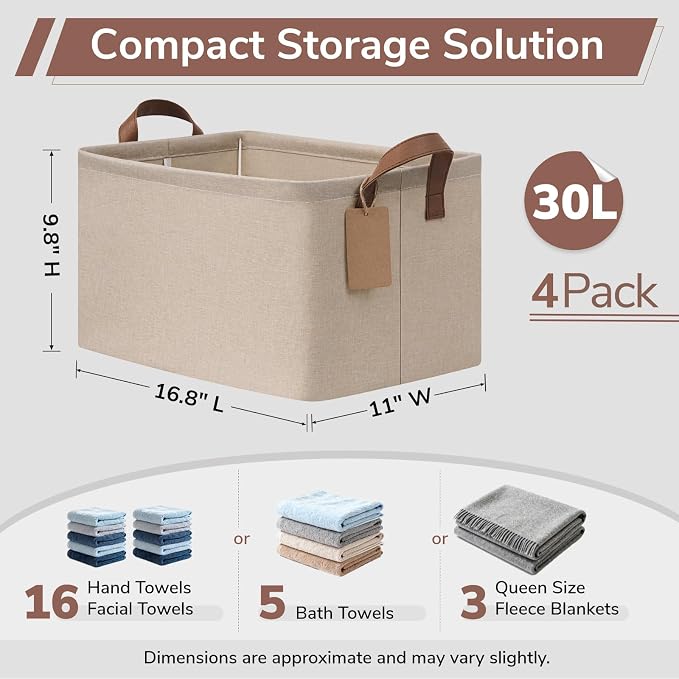 CHICVITA 4 Pack Large Shelf Storage Baskets with Metal Frame, Brown | 16.8 × 11 × 9.8 in, Reinforced Handles, Collapsible Design, Closet Organization, Towels, Blankets & Linens Storage