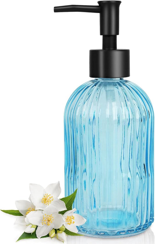 Topsky Stripe Glass Soap Dispenser with Black Plastic Pump, 400ml Liquid Hand Soap Dispenser, Rustproof Pump for Kitchen & Bathroom, Great for Lotions, Essential Oil, Liquid Soaps- (Light Blue)