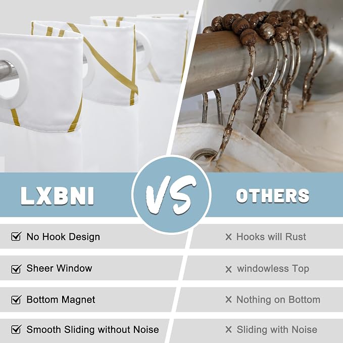Gold White No Hook Shower Curtain with Liner, 71 x 74 Inch | Stripe Pattern,Waterproof,Quick Dry,Mesh Top Window,Bottom Magnets,Hotel Style,Machine Washable,Modern,for Bathroom