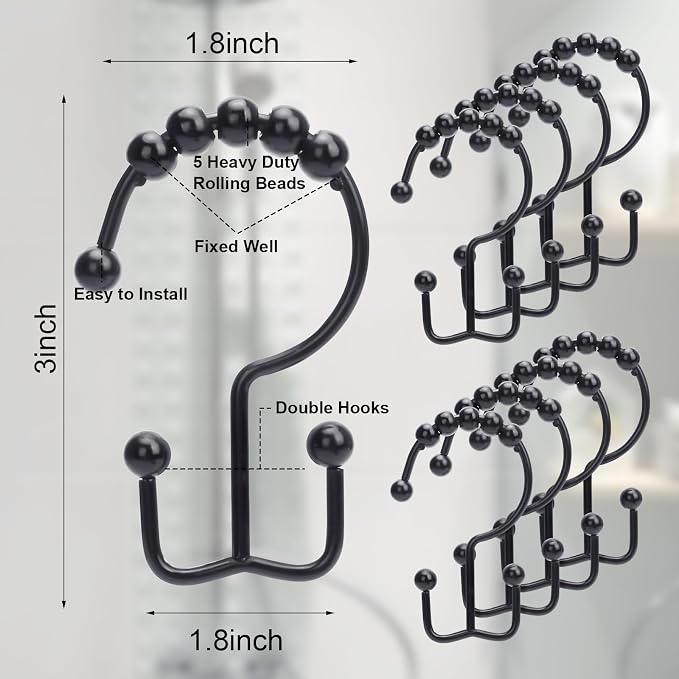 Shower Curtain Hooks,Double Sided Black Shower Curtain Hooks Rust Proof,Set of 12 Stainless Steel Shower Hooks for Both Curtain and Liner(Black E-Hooks)