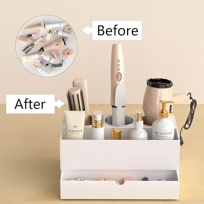 NIUBEE Acrylic Hair Tool Organizer with Drawer, Hair Dryer Holder Organizer | White, Hot Tools Organizer Countertop with 3 Cups, Hair Blow Dryer Storage for Curling Iron, Brush, Straightener, Bathroom