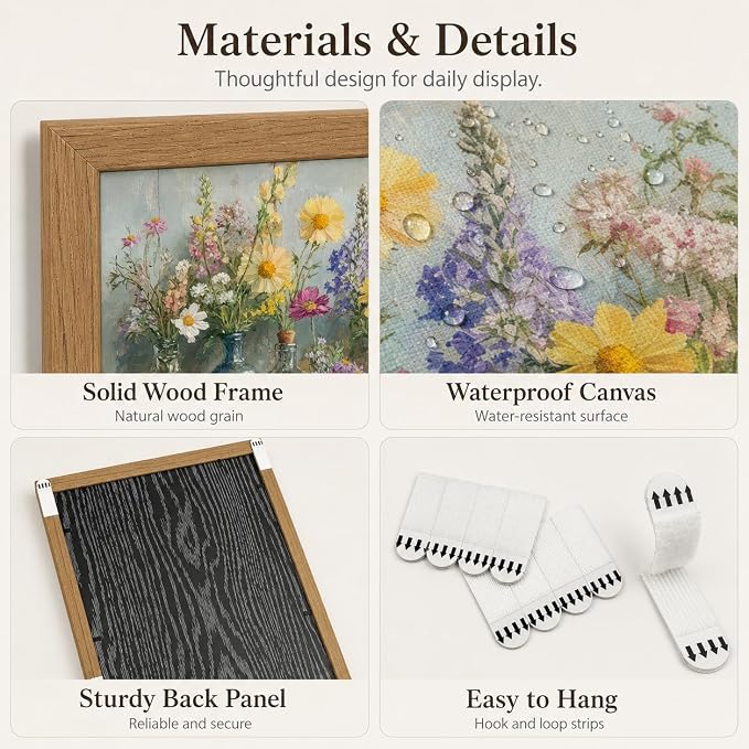 Wood Framed Farmhouse Plants Flowers Wall Art Wildflowers Colorful Glass Bottles Wall Decor Rustic Wildflower Poster Print Artwork for Bathroom Living Room Bedroom Study Room Home Decoration