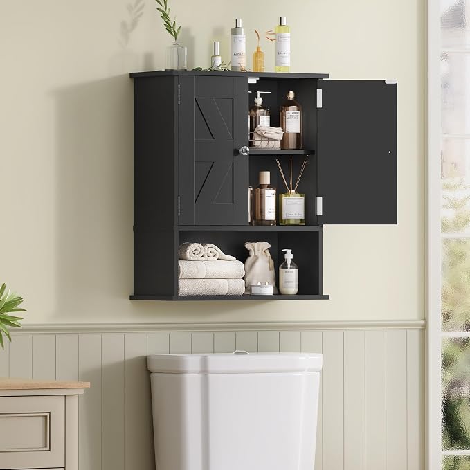 Bathroom Wall Cabinet, Over The Toilet Space Saver Storage Cabinet with Barn Doors & Adjustable Shelf, Hanging Medicine Cabinet, Black UNGGX003HV1