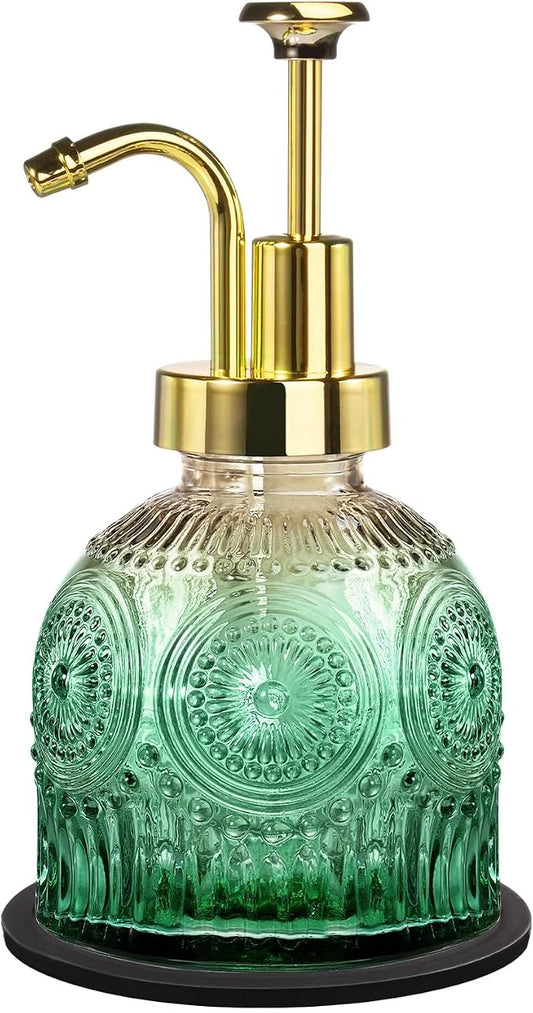 Amolliar 8 Oz Glass Vintage Soap Dispenser w/Plastic Pump,Green-Gradient | Antique Rustic Hand Soap Dispenser for Bathroom/Kitchen, Vintage/Farmhouse/Boho Style,Pump Dispenser, Refillable, Non-Slip