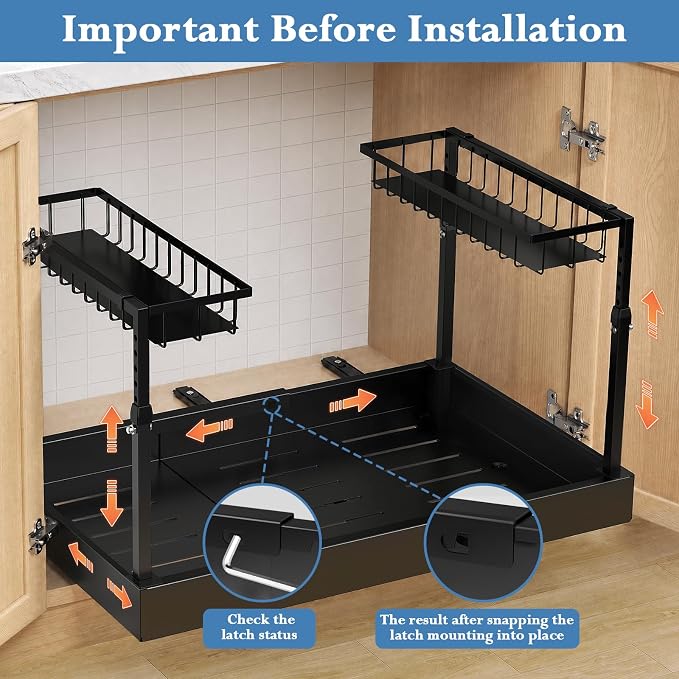 Aisslro Under Sink Organizer, 2 Tier Pull Out Cabinet Organizer, Expandable & Adjustable Slide Out Shelf 13.2''–20.3'', Under Sink Storage for Kitchen Bathroom Laundry Cabinet Storage, Black