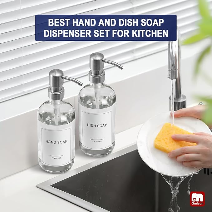 GMISUN Glass Soap Dispenser with Pump, 2 Pack Clear Bathroom Hand Soap Dispenser with Stainless Steel Pump, 17 Fl Oz Refillable Kitchen Hand and Dish Soap Dispensers Set, Modern Liquid Pump Bottles